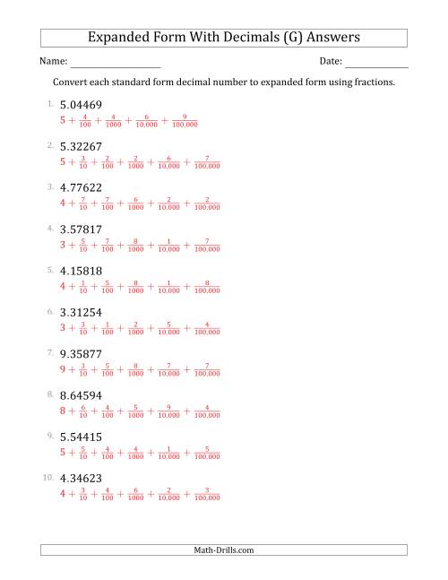 The Converting Standard Form Decimals to Expanded Form Using Fractions (1-Digit Before the Decimal; 5-Digits After the Decimal) (G) Math Worksheet Page 2