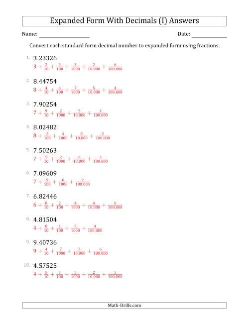The Converting Standard Form Decimals to Expanded Form Using Fractions (1-Digit Before the Decimal; 5-Digits After the Decimal) (I) Math Worksheet Page 2