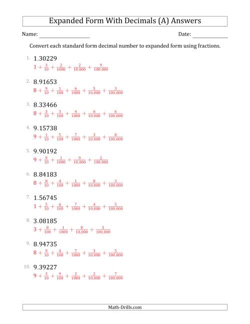 The Converting Standard Form Decimals to Expanded Form Using Fractions (1-Digit Before the Decimal; 5-Digits After the Decimal) (All) Math Worksheet Page 2