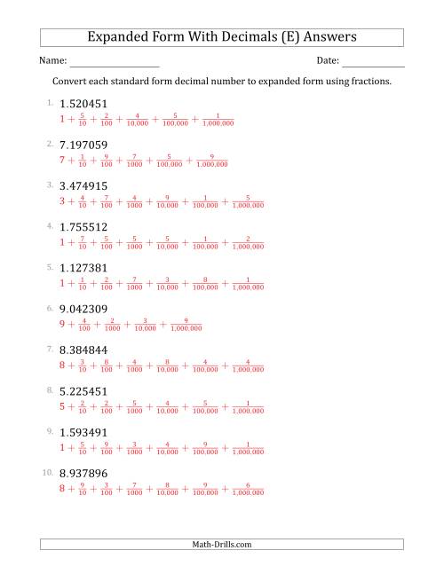 The Converting Standard Form Decimals to Expanded Form Using Fractions (1-Digit Before the Decimal; 6-Digits After the Decimal) (E) Math Worksheet Page 2