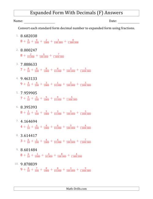 The Converting Standard Form Decimals to Expanded Form Using Fractions (1-Digit Before the Decimal; 6-Digits After the Decimal) (F) Math Worksheet Page 2