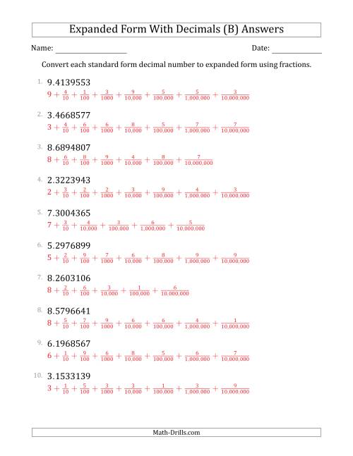 The Converting Standard Form Decimals to Expanded Form Using Fractions (1-Digit Before the Decimal; 7-Digits After the Decimal) (B) Math Worksheet Page 2