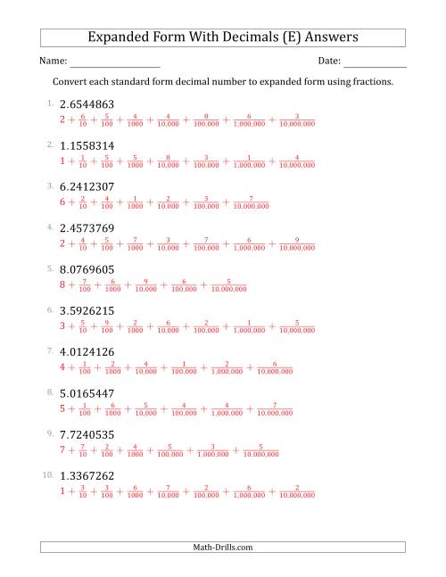 The Converting Standard Form Decimals to Expanded Form Using Fractions (1-Digit Before the Decimal; 7-Digits After the Decimal) (E) Math Worksheet Page 2
