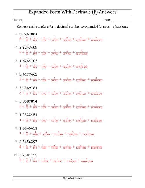 The Converting Standard Form Decimals to Expanded Form Using Fractions (1-Digit Before the Decimal; 7-Digits After the Decimal) (F) Math Worksheet Page 2