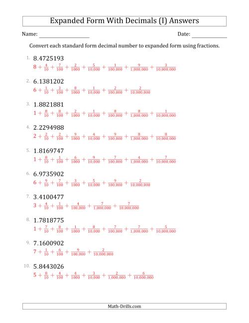 The Converting Standard Form Decimals to Expanded Form Using Fractions (1-Digit Before the Decimal; 7-Digits After the Decimal) (I) Math Worksheet Page 2