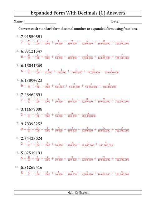 The Converting Standard Form Decimals to Expanded Form Using Fractions (1-Digit Before the Decimal; 8-Digits After the Decimal) (C) Math Worksheet Page 2