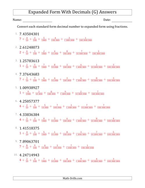 The Converting Standard Form Decimals to Expanded Form Using Fractions (1-Digit Before the Decimal; 8-Digits After the Decimal) (G) Math Worksheet Page 2