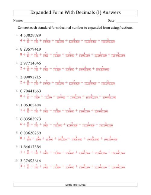 The Converting Standard Form Decimals to Expanded Form Using Fractions (1-Digit Before the Decimal; 8-Digits After the Decimal) (I) Math Worksheet Page 2