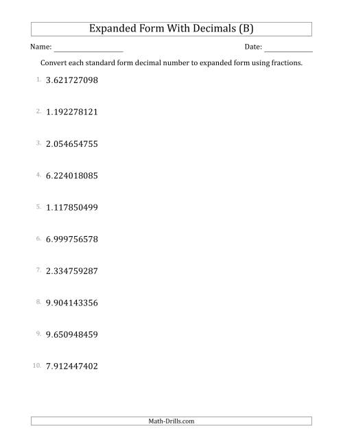 The Converting Standard Form Decimals to Expanded Form Using Fractions (1-Digit Before the Decimal; 9-Digits After the Decimal) (B) Math Worksheet