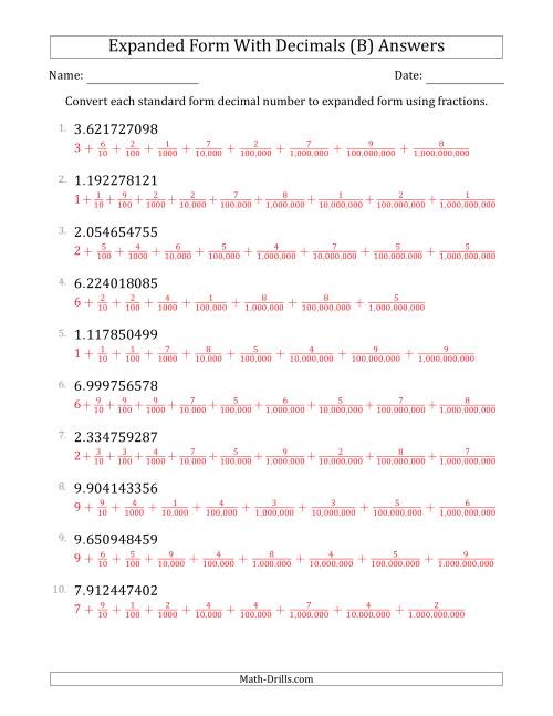 The Converting Standard Form Decimals to Expanded Form Using Fractions (1-Digit Before the Decimal; 9-Digits After the Decimal) (B) Math Worksheet Page 2