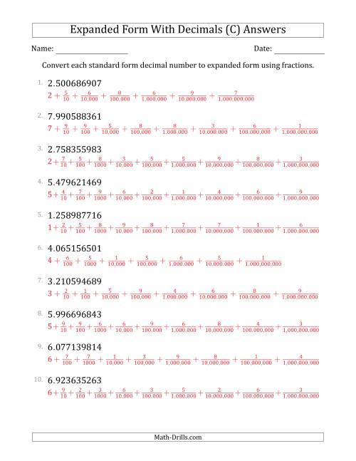 The Converting Standard Form Decimals to Expanded Form Using Fractions (1-Digit Before the Decimal; 9-Digits After the Decimal) (C) Math Worksheet Page 2