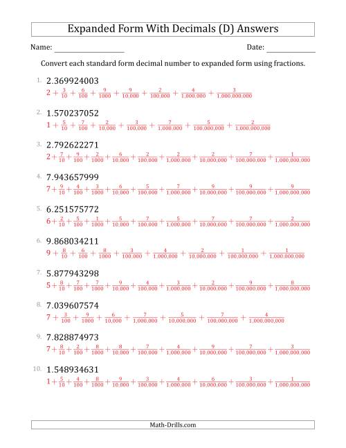 The Converting Standard Form Decimals to Expanded Form Using Fractions (1-Digit Before the Decimal; 9-Digits After the Decimal) (D) Math Worksheet Page 2