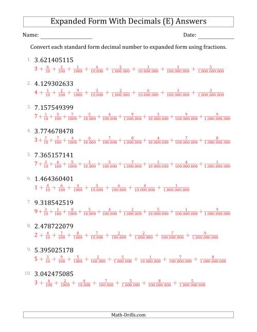 The Converting Standard Form Decimals to Expanded Form Using Fractions (1-Digit Before the Decimal; 9-Digits After the Decimal) (E) Math Worksheet Page 2