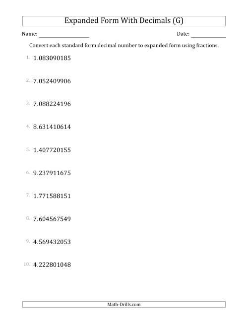 The Converting Standard Form Decimals to Expanded Form Using Fractions (1-Digit Before the Decimal; 9-Digits After the Decimal) (G) Math Worksheet