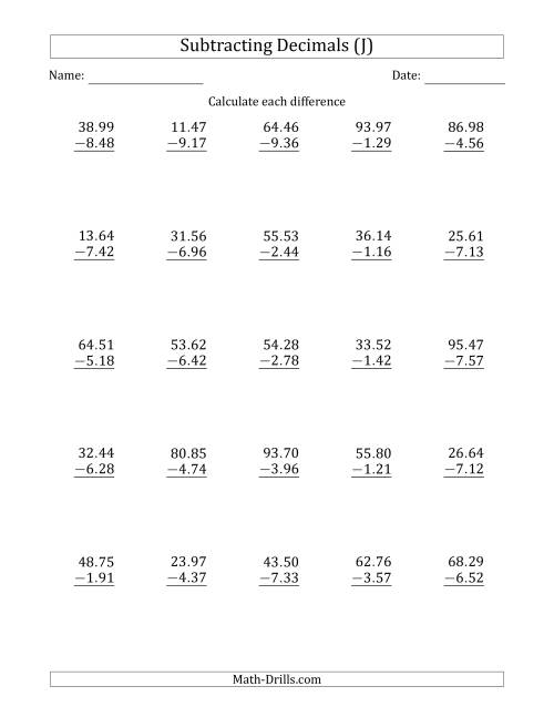 The Subtracting Decimal Hundredths With a Larger Integer Part in the Minuend (J) Math Worksheet