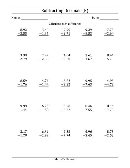 The Subtracting Decimal Hundredths With an Integer Part in the Minuend and Subtrahend (B) Math Worksheet