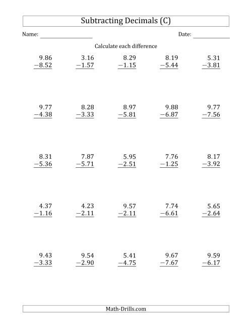 The Subtracting Decimal Hundredths With an Integer Part in the Minuend and Subtrahend (C) Math Worksheet