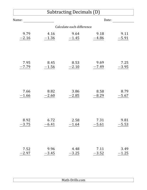 The Subtracting Decimal Hundredths With an Integer Part in the Minuend and Subtrahend (D) Math Worksheet