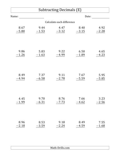 The Subtracting Decimal Hundredths With an Integer Part in the Minuend and Subtrahend (E) Math Worksheet