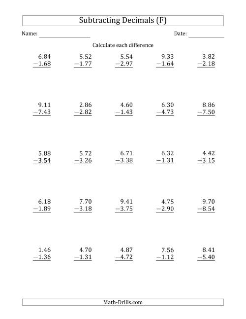 The Subtracting Decimal Hundredths With an Integer Part in the Minuend and Subtrahend (F) Math Worksheet