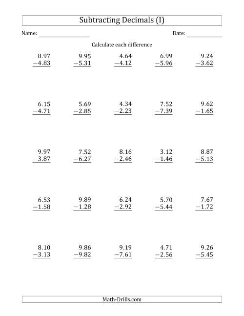 The Subtracting Decimal Hundredths With an Integer Part in the Minuend and Subtrahend (I) Math Worksheet