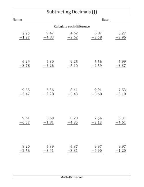 The Subtracting Decimal Hundredths With an Integer Part in the Minuend and Subtrahend (J) Math Worksheet