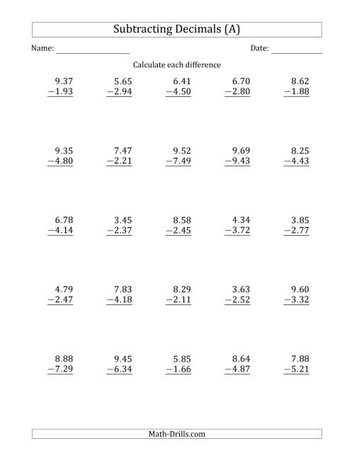 The Subtracting Decimal Hundredths With an Integer Part in the Minuend and Subtrahend (All) Math Worksheet