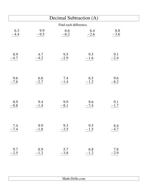 The Vertical Decimal Subtraction (Subtract up to 9.9 easy) (Old) Math Worksheet