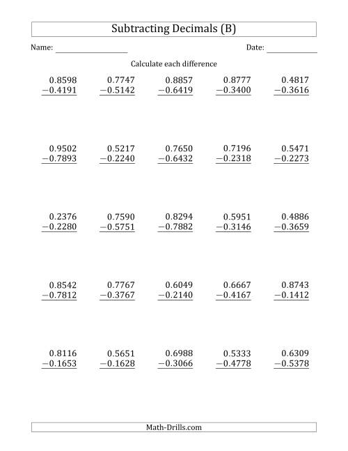 The Subtracting Decimal Ten Thousandths With No Integer Part (B) Math Worksheet