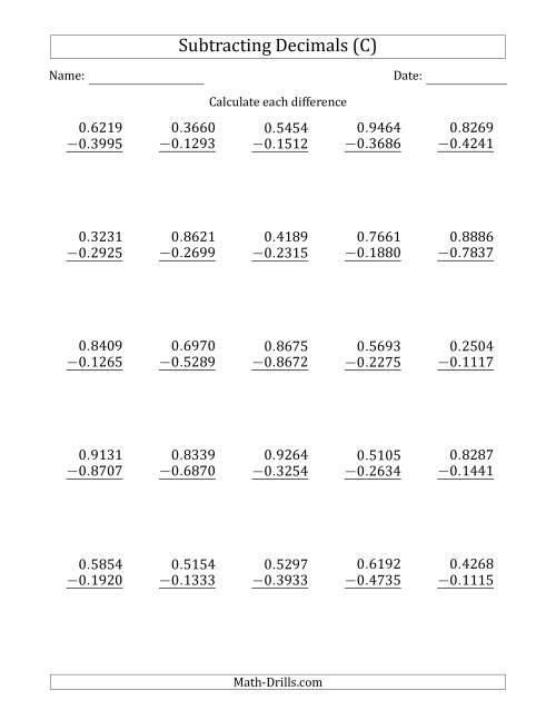 The Subtracting Decimal Ten Thousandths With No Integer Part (C) Math Worksheet