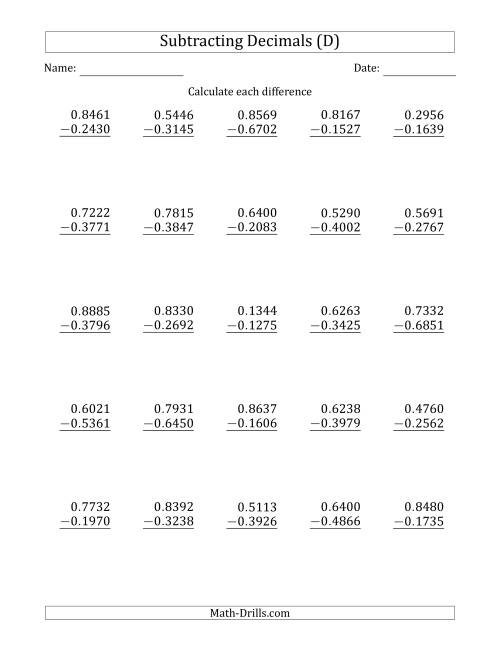 The Subtracting Decimal Ten Thousandths With No Integer Part (D) Math Worksheet
