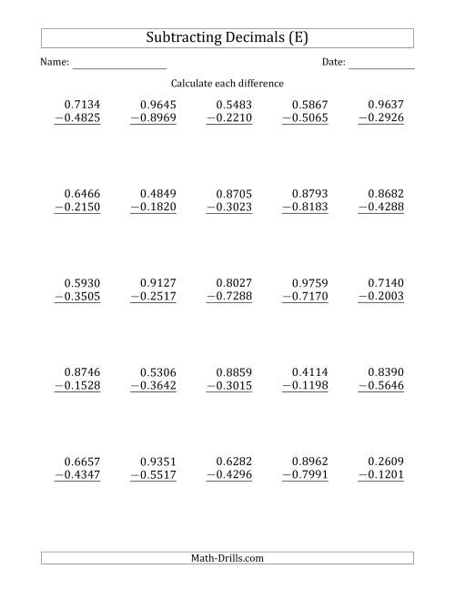 The Subtracting Decimal Ten Thousandths With No Integer Part (E) Math Worksheet