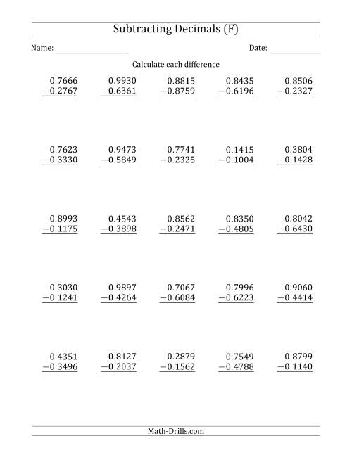 The Subtracting Decimal Ten Thousandths With No Integer Part (F) Math Worksheet