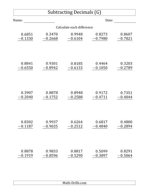 The Subtracting Decimal Ten Thousandths With No Integer Part (G) Math Worksheet
