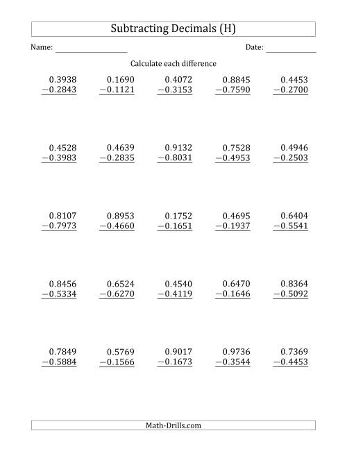 The Subtracting Decimal Ten Thousandths With No Integer Part (H) Math Worksheet