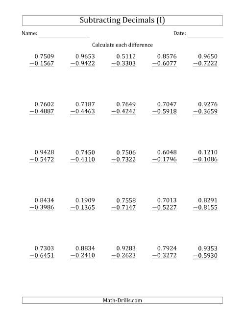 The Subtracting Decimal Ten Thousandths With No Integer Part (I) Math Worksheet