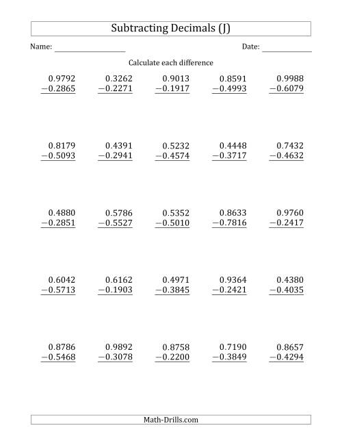 The Subtracting Decimal Ten Thousandths With No Integer Part (J) Math Worksheet