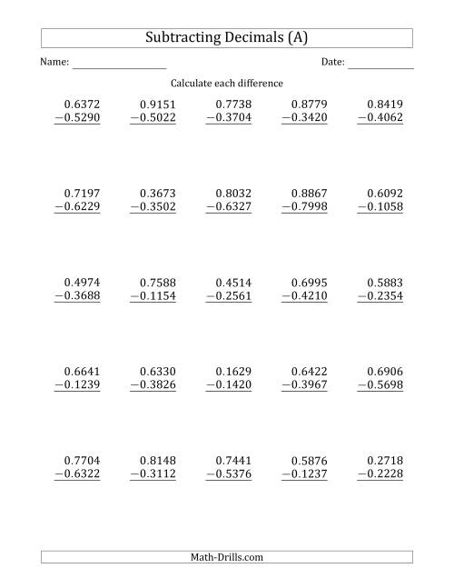 The Subtracting Decimal Ten Thousandths With No Integer Part (All) Math Worksheet