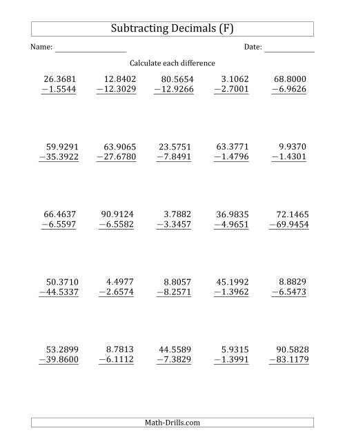 The Subtracting Decimal Ten Thousandths With an Integer Part in the Minuend and Subtrahend (F) Math Worksheet