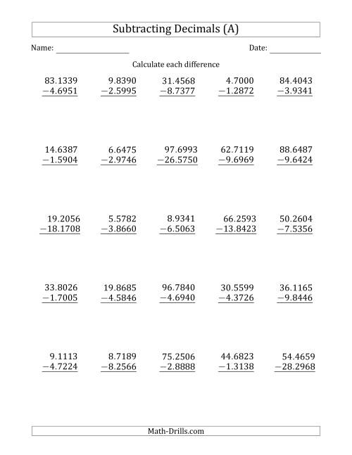 The Subtracting Decimal Ten Thousandths With an Integer Part in the Minuend and Subtrahend (All) Math Worksheet