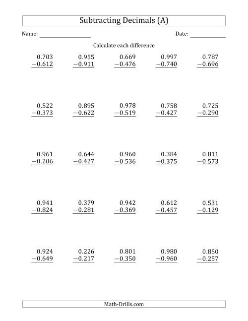 The Subtracting Decimal Thousandths With No Integer Part (A) Math Worksheet
