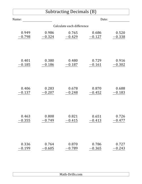 The Subtracting Decimal Thousandths With No Integer Part (B) Math Worksheet