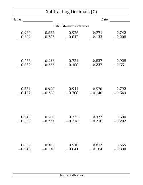 The Subtracting Decimal Thousandths With No Integer Part (C) Math Worksheet