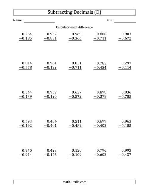 The Subtracting Decimal Thousandths With No Integer Part (D) Math Worksheet