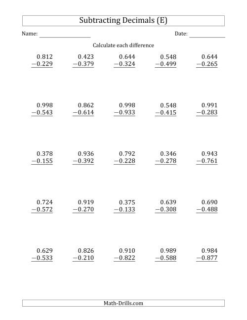The Subtracting Decimal Thousandths With No Integer Part (E) Math Worksheet