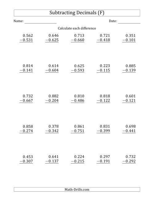 The Subtracting Decimal Thousandths With No Integer Part (F) Math Worksheet
