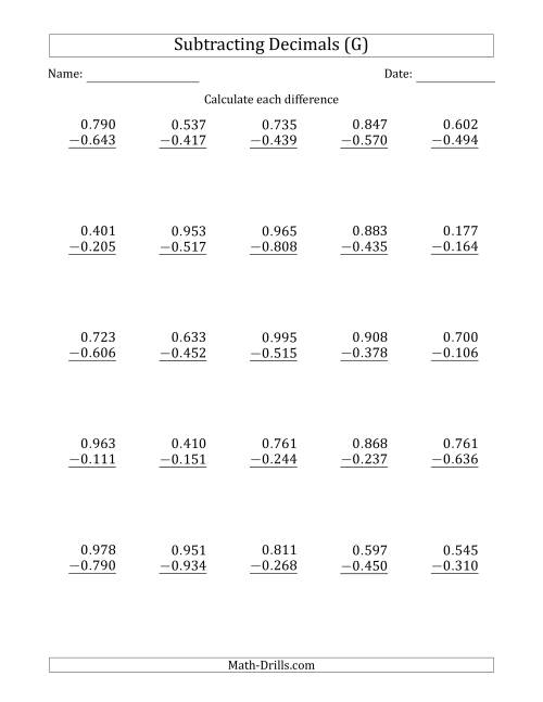 The Subtracting Decimal Thousandths With No Integer Part (G) Math Worksheet
