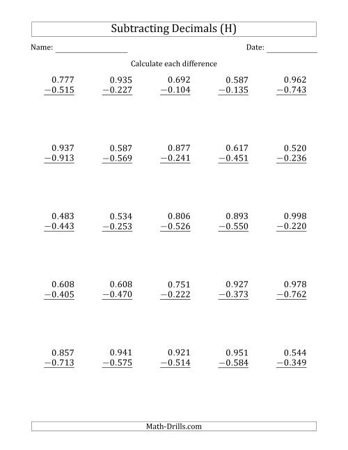 The Subtracting Decimal Thousandths With No Integer Part (H) Math Worksheet