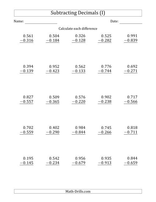 The Subtracting Decimal Thousandths With No Integer Part (I) Math Worksheet