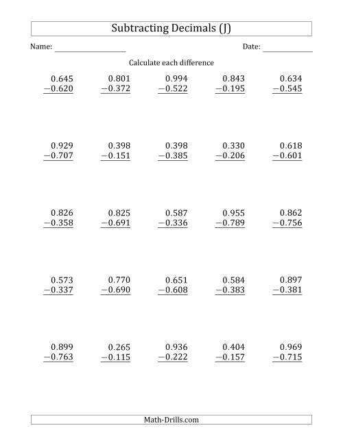 The Subtracting Decimal Thousandths With No Integer Part (J) Math Worksheet